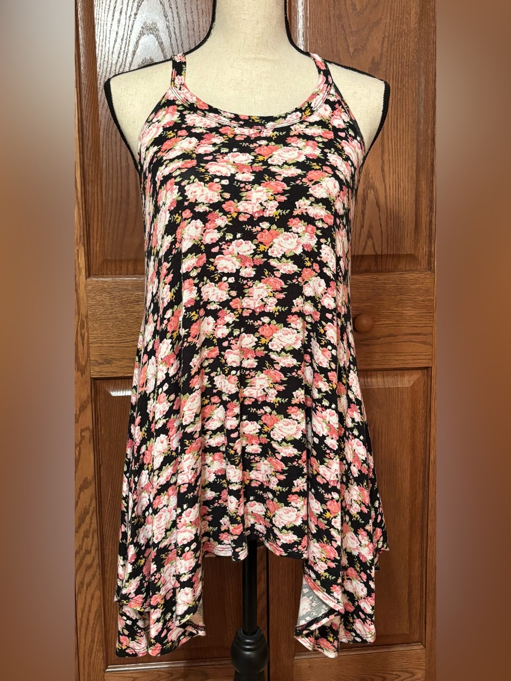 Floral Swing Tank Top/Dress— Black with Pink Roses